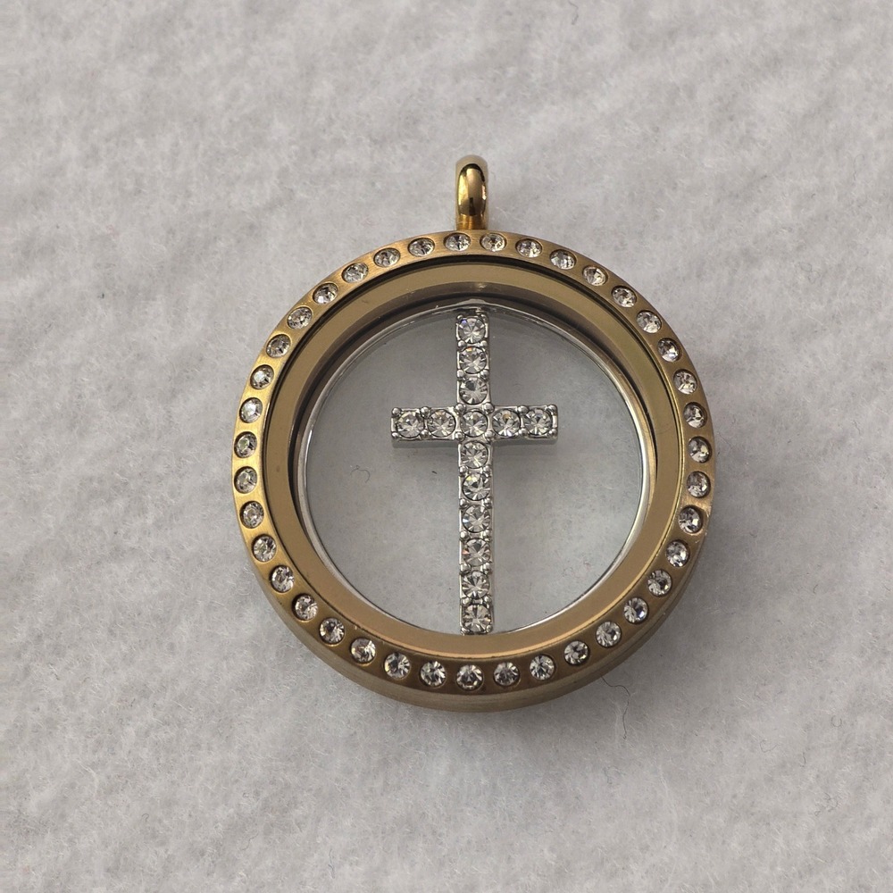 Origami Owl Gold Tone Crystal Floating Locket Pendant Silver Cross Charm Jewelry